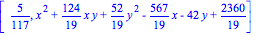 [5/117, x^2+124/19*x*y+52/19*y^2-567/19*x-42*y+2360/19]
